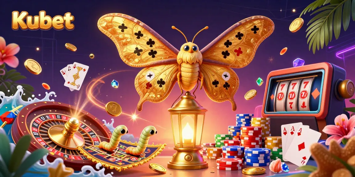 Kubet showcases an engaging casino scene with an atlas moth, spinning roulette, and cascading coins.