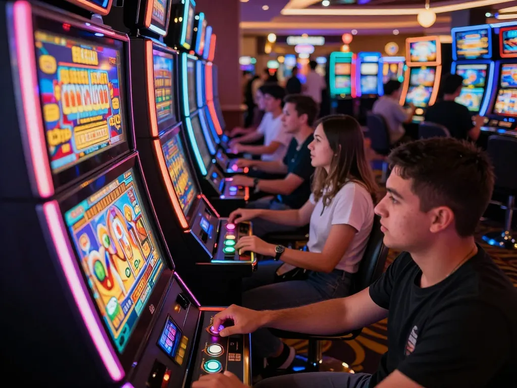 Excited players engaging with slot gacor gampang menang machines in a vibrant casino atmosphere, dynamic gameplay scene