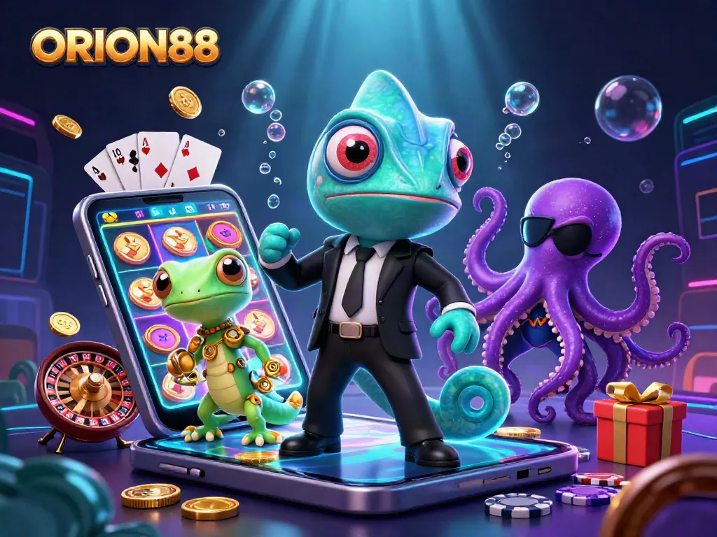 Experience ORION88's thrilling gameplay with dynamic characters and vibrant gaming elements in a colorful casino scene.