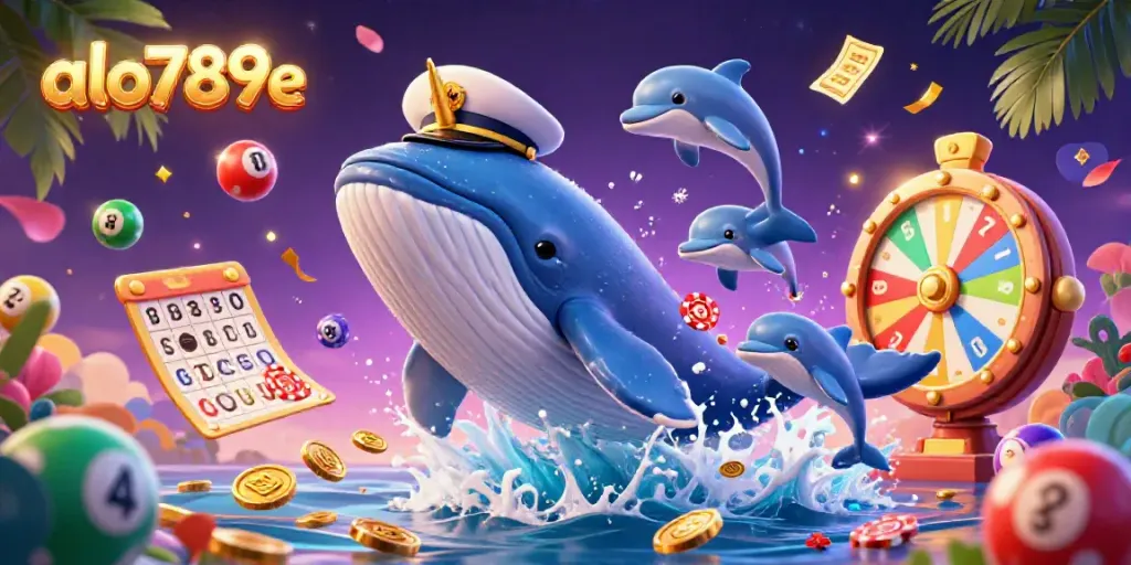 Engage in high-energy gaming action with the alo789e whale captain surrounded by vibrant lottery elements.