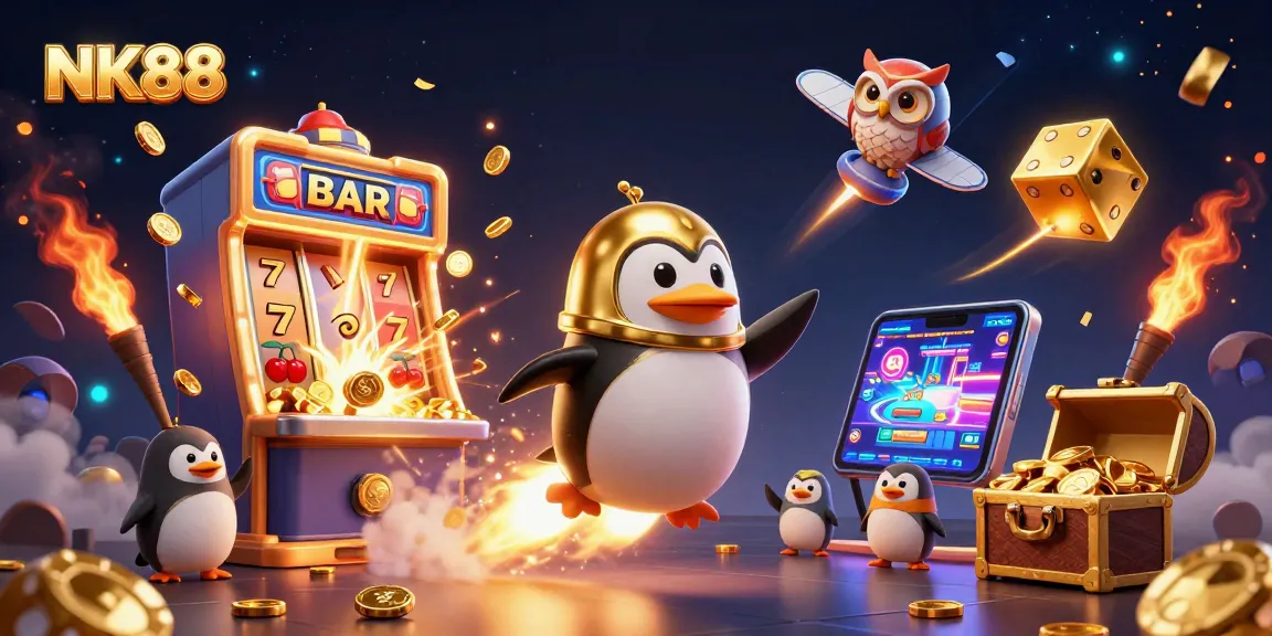 Join the adventure in NK88, where a golden penguin flies toward a jackpot-filled space casino!