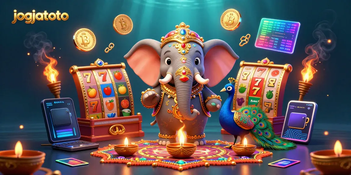 Spin the reels at jogjatoto with a vibrant Diwali-themed elephant and crypto elements, enhancing your gaming experience.