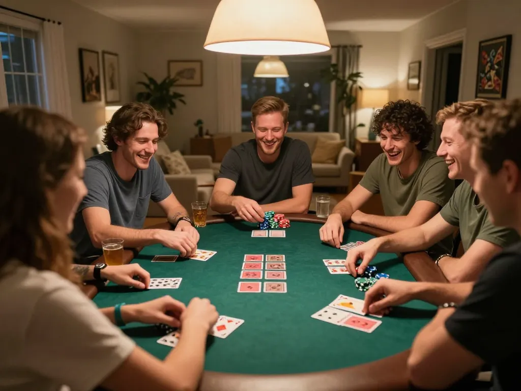 KADAL778 poker night with friends enjoying a vibrant home game, cards visible and laughter shared.