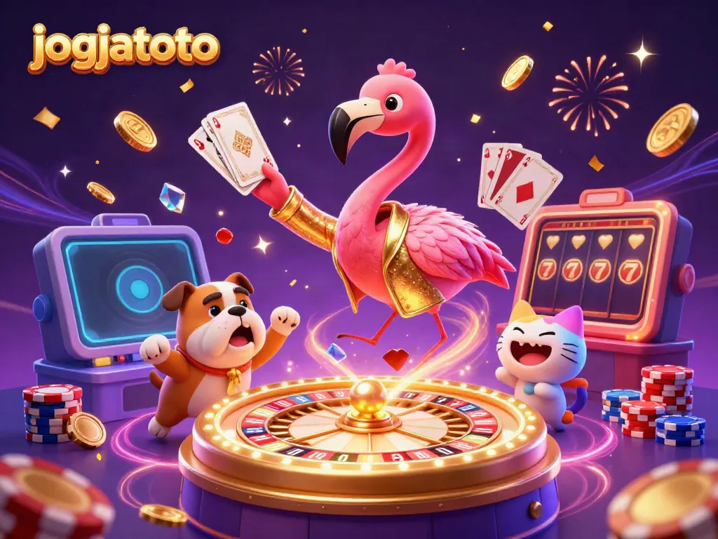 Experience excitement with jogjatoto as animated characters celebrate casino wins with vibrant prizes.