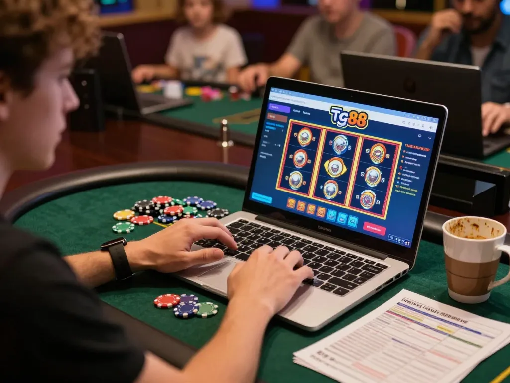 Engaging player immersed in tg88 online casino action with laptop and colorful slot graphics.