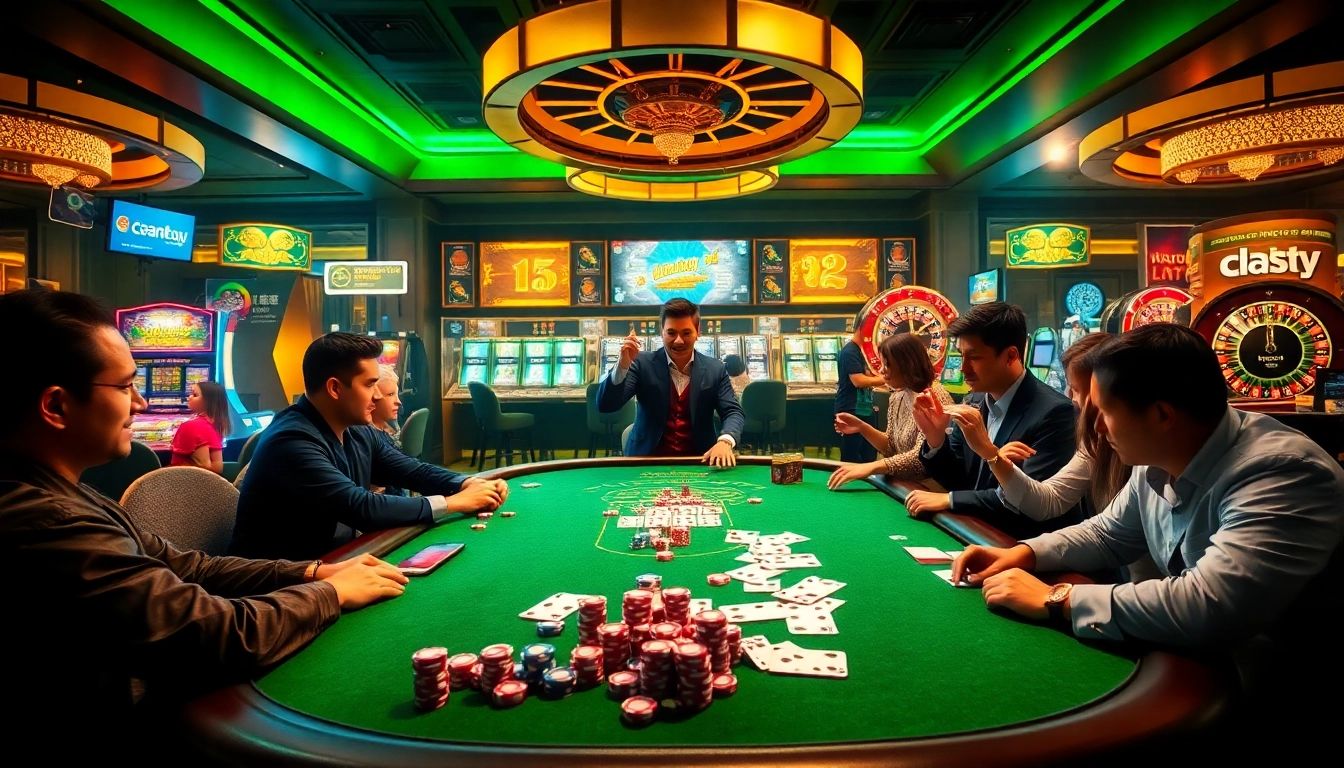 Players celebrating a jackpot win at a lively Dominoqiu poker table in a luxurious casino setting.