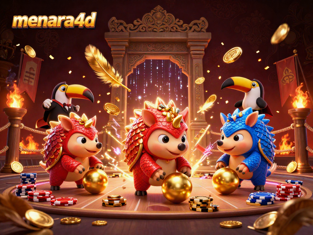 Menara4d menghadirkan dua pangolin rival dalam pertempuran kasino dengan koin emas dan kartu poker.