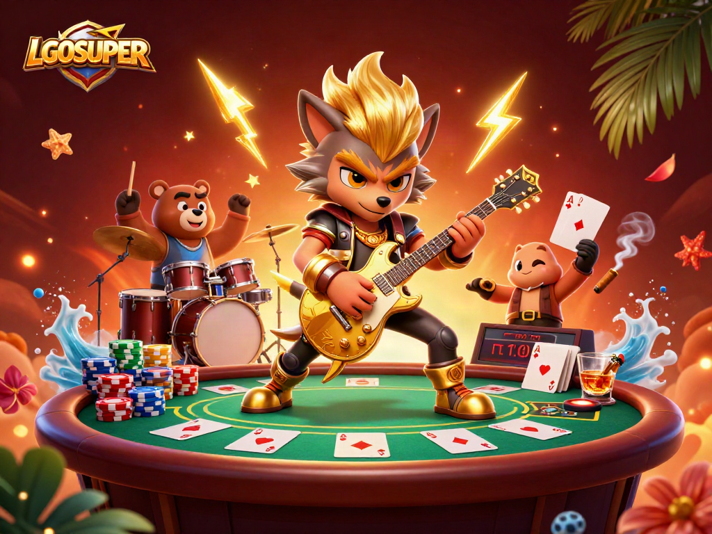 Experience gaming excitement with LGOSUPER as slot reels and colorful poker chips surround vibrant characters.