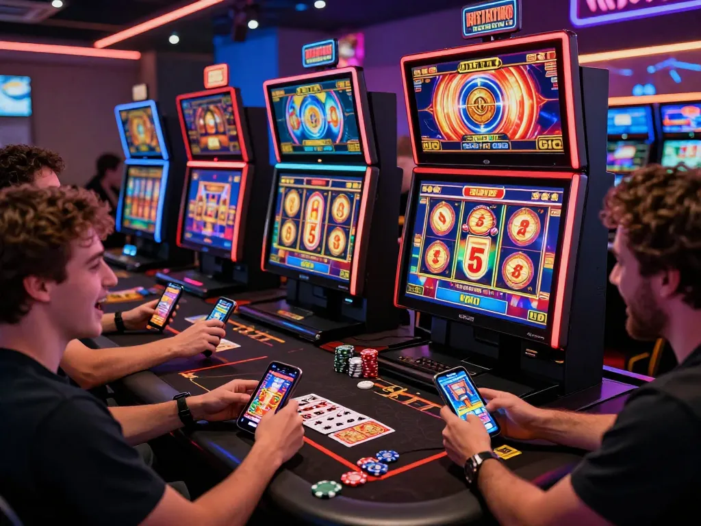 Exciting online gaming scene representing vegasslot77.com with players enjoying vibrant slot games.