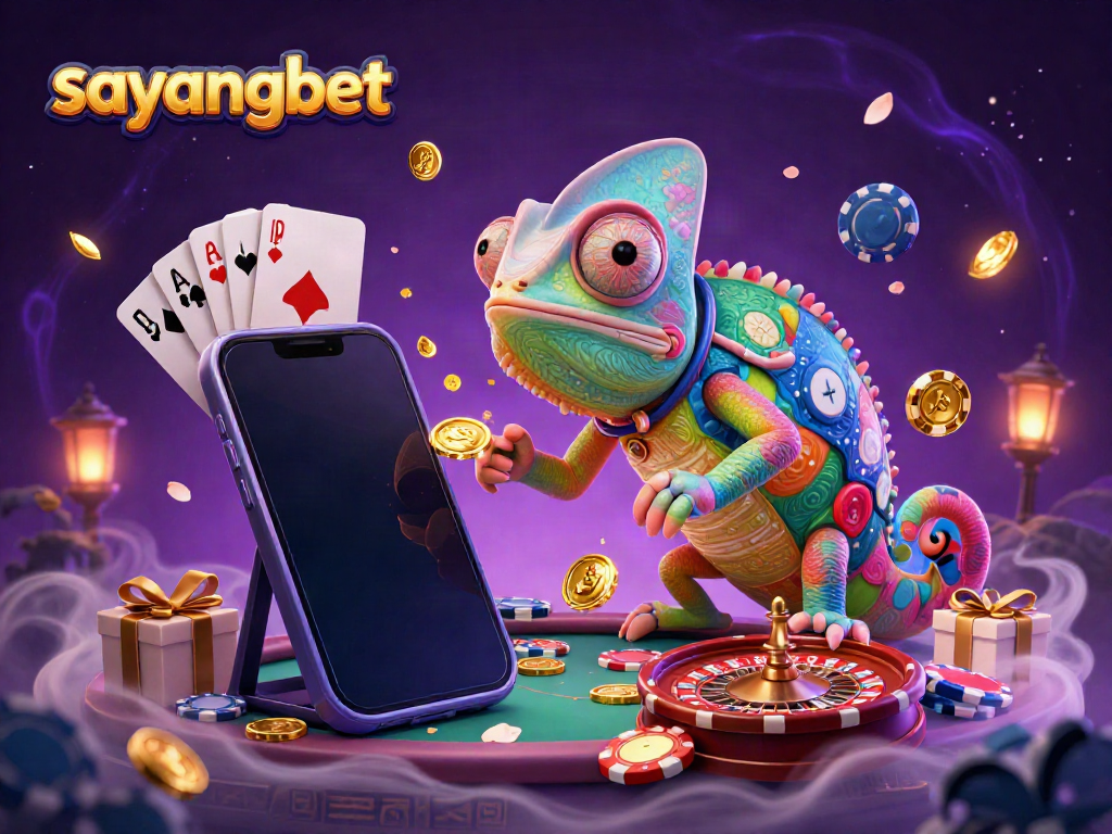 Experience excitement with sayangbet as the chameleon casino owner captures golden coins surrounded by slot games and poker elements.