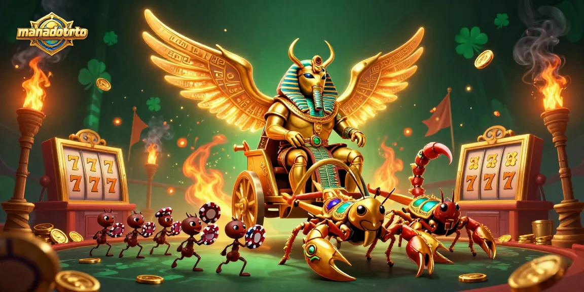 Experience the excitement of manadototo with a vibrant 3D casino scene featuring a golden scarab atop a chariot.