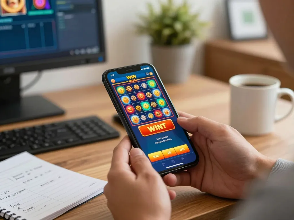 Person using smartphone app to play UGDEWA online slots at home, showcasing excitement and strategy
