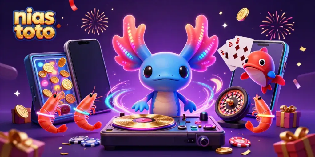Gabaikan nias toto, menyaksikan DJ axolotl neon beraksi dengan permainan slot yang berputar dan koin emas meluncur.