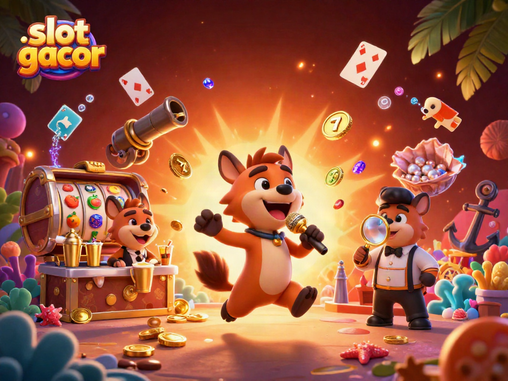 Slot gacor mendemonstrasikan kegembiraan di klub kasino komedi dengan simbol buah dan jackpot yang berkilauan.