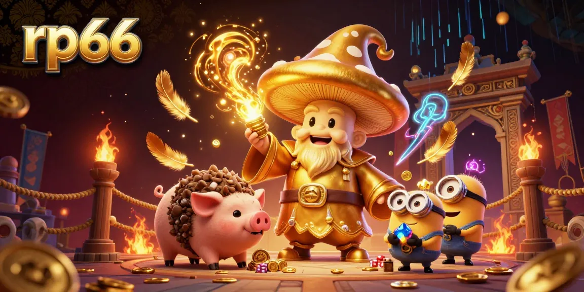 Experience the magic of rp66 with a golden mushroom wizard uncovering treasures in a vibrant casino scene.