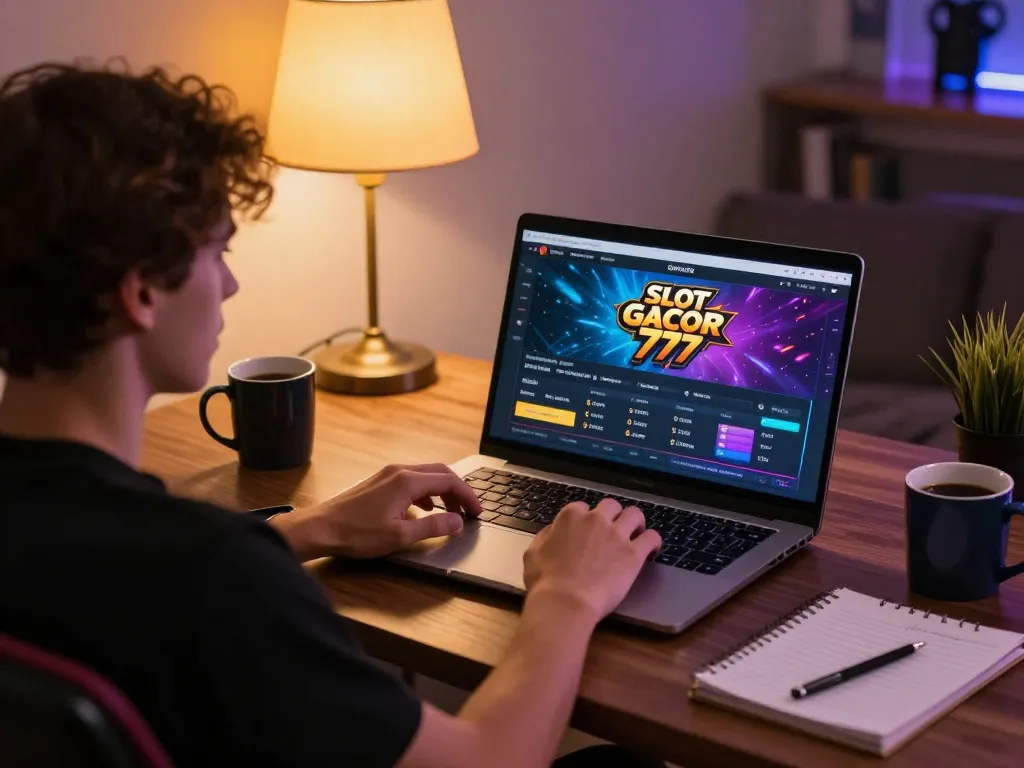 Savvy player engaging with SLOT GACOR 777 online gaming setup, showcasing strategic gameplay atmosphere.