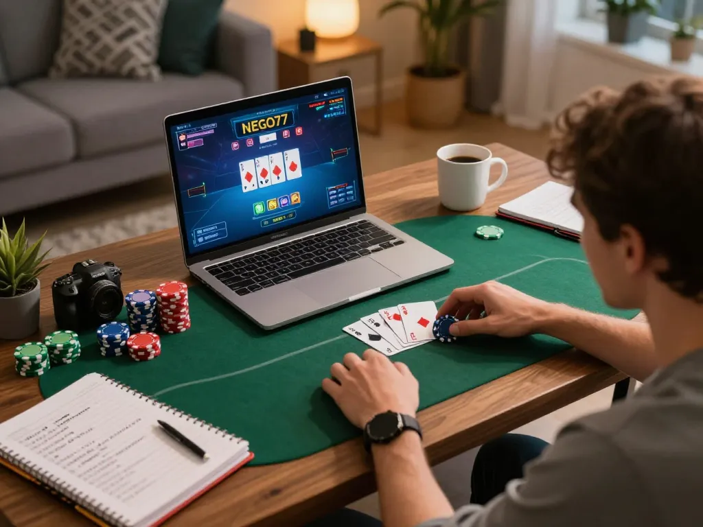 Player enjoying NEGO77 poker game with strategies noted at a cozy online setup.