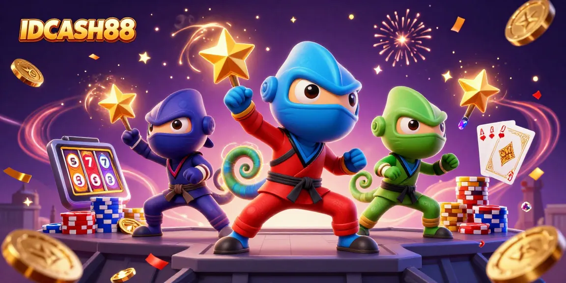 Experience thrilling gameplay with IDCASH88 featuring ninja chameleons amidst sparkling casino elements.