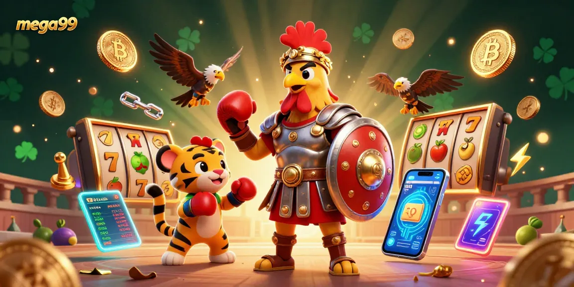 Experience winning strategies with mega99 as characters spin slot reels in a vibrant arena.