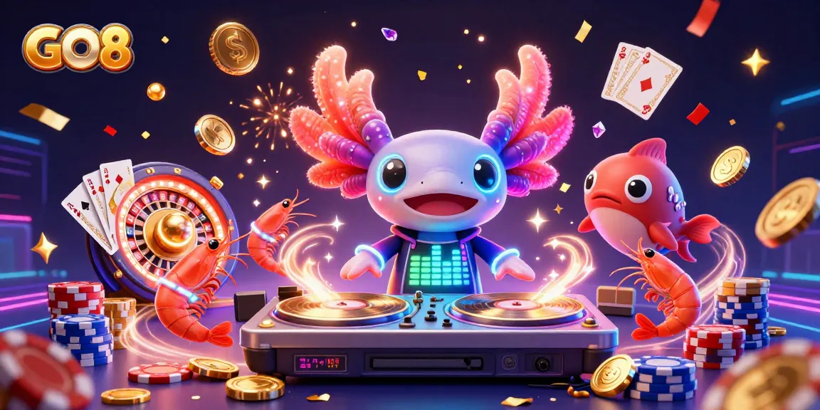 Experience the excitement of GO8 with vibrant characters and dynamic casino elements in this lively digital illustration.