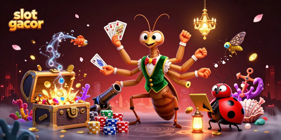 Experience excitement with slot gacor as animated mantis card sharp and ladybug pit boss create a vibrant casino scene.
