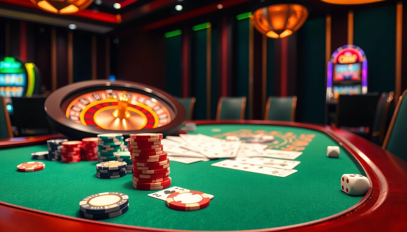 Experience the thrill of gambling at a CM88-themed luxurious casino with vibrant tables and games.
