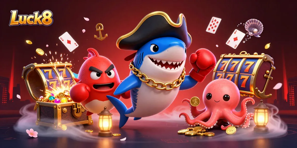Win big with Luck8 as the playful pirate shark and friends celebrate around rich casino treasures.
