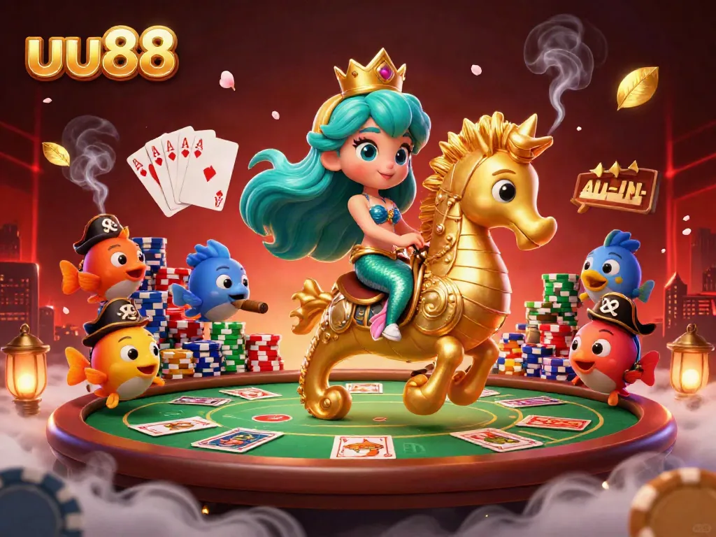 Play exciting games at uu88 with a vibrant poker-themed illustration of a mermaid and her fish companions.