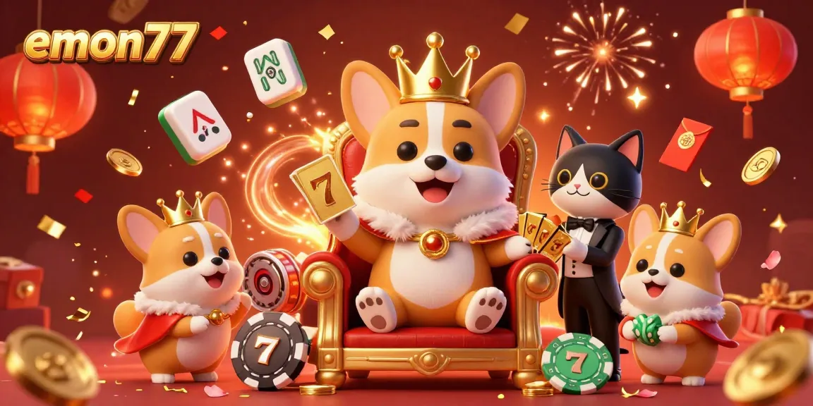 Experience the vibrant energy of emon77 with royal corgi characters in a casino-themed 3D illustration.