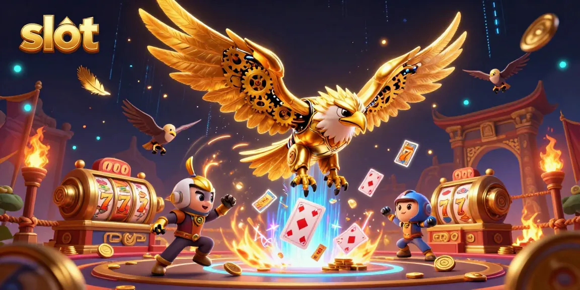Gambang slot memukau dengan elang cybernetic emas dan kartu bermain holografis yang berterbangan.