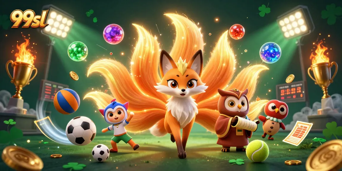 99sl showcases dynamic sports betting with a glowing nine-tailed fox spirit and vibrant elements in a 3D scene.