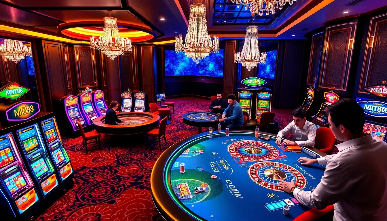 Experience thrilling gameplay at MM88's luxurious casino tables featuring poker and roulette.