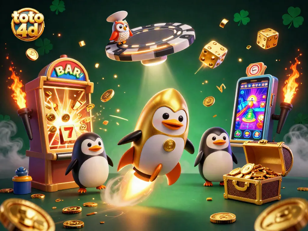 Menghadapi jackpot dengan toto 4d, penguin emas meluncur sambil mencetak koin dan simbol keberuntungan.