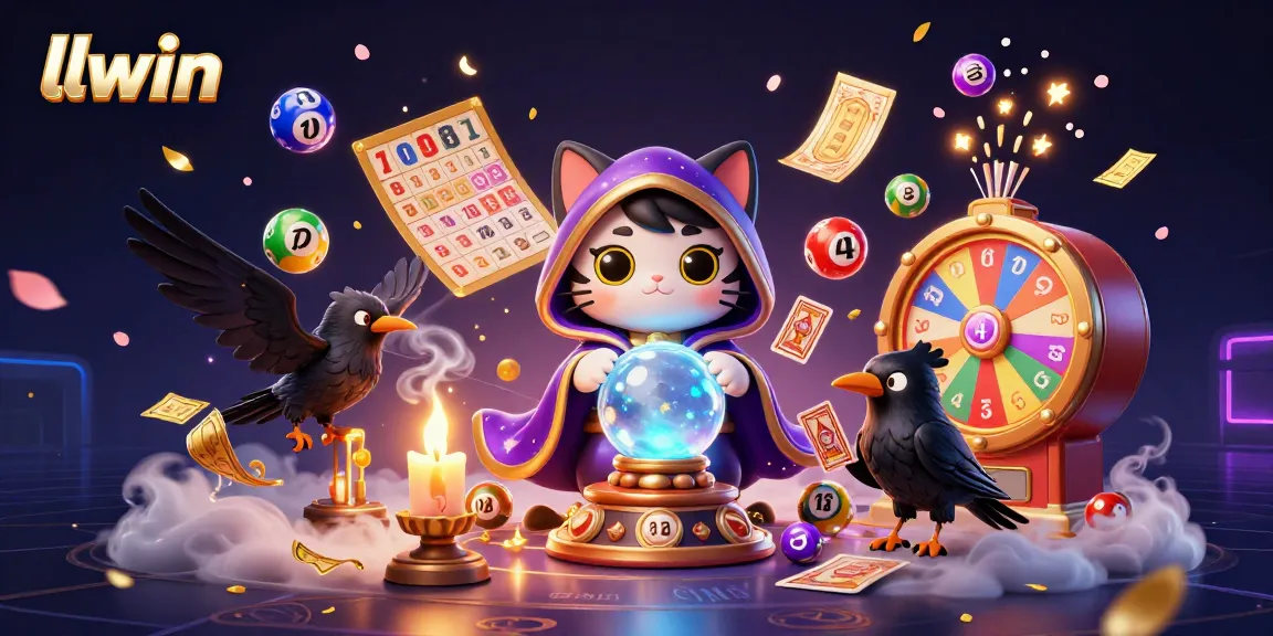 llwin brings excitement to online gaming with vibrant illustrations of fortune teller, raven, and casino elements.