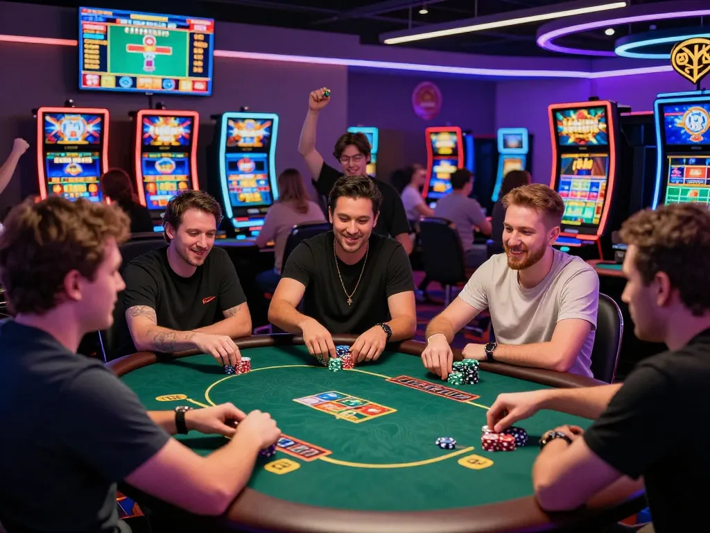 Dynamic gambling scene showcasing players at nhà cái 78win enjoying a vibrant casino atmosphere with lively action.