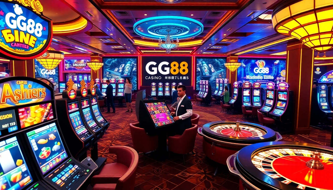 GG88 online casino scene featuring vibrant games and engaging players in a luxurious atmosphere.