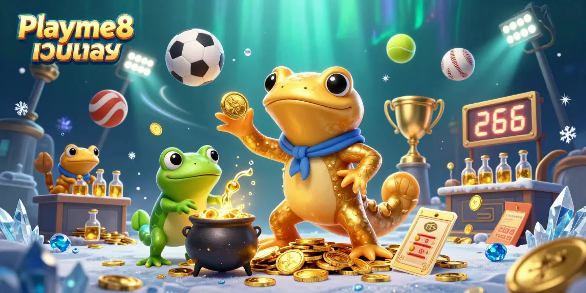 เล่นพนันออนไลน์ที่ Playme8 เว็บตรง พร้อมภาพสัญลักษณ์ทองคำและการ์ตูน