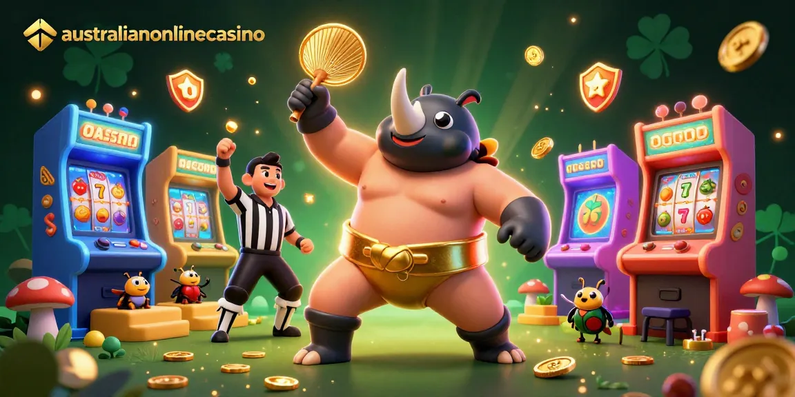 A lively scene illustrating a sumo champion beetle and cricket referee celebrating wins at australianonlinecasino with colorful game machines and golden coins.