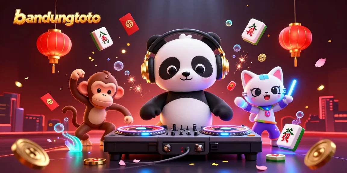 Experience vibrant gaming with bandungtoto as DJ panda spins on roulette wheels, surrounded by festive elements.