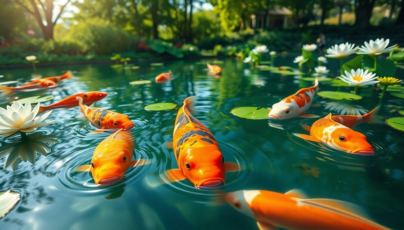 Koi toto yang indah berenang di kolam tenang penuh tanaman air.