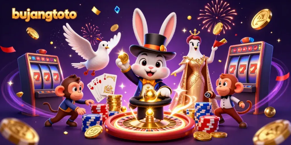 Experience big wins with bujangtoto in this vibrant casino illustration featuring lucky charms and gameplay excitement.