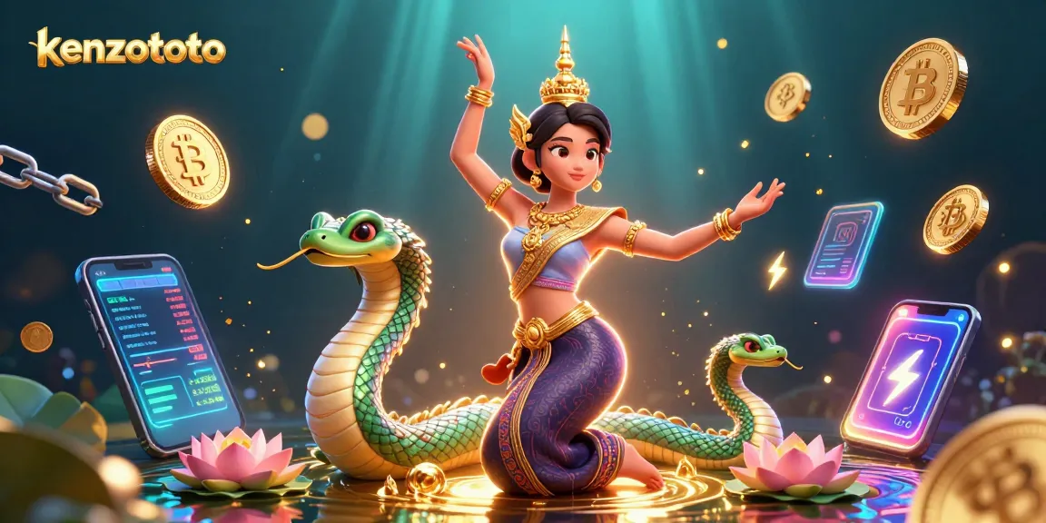 Engage in thrilling games at kenzototo with stunning visuals of a graceful dancer and vibrant Naga amidst glowing cryptocurrencies.