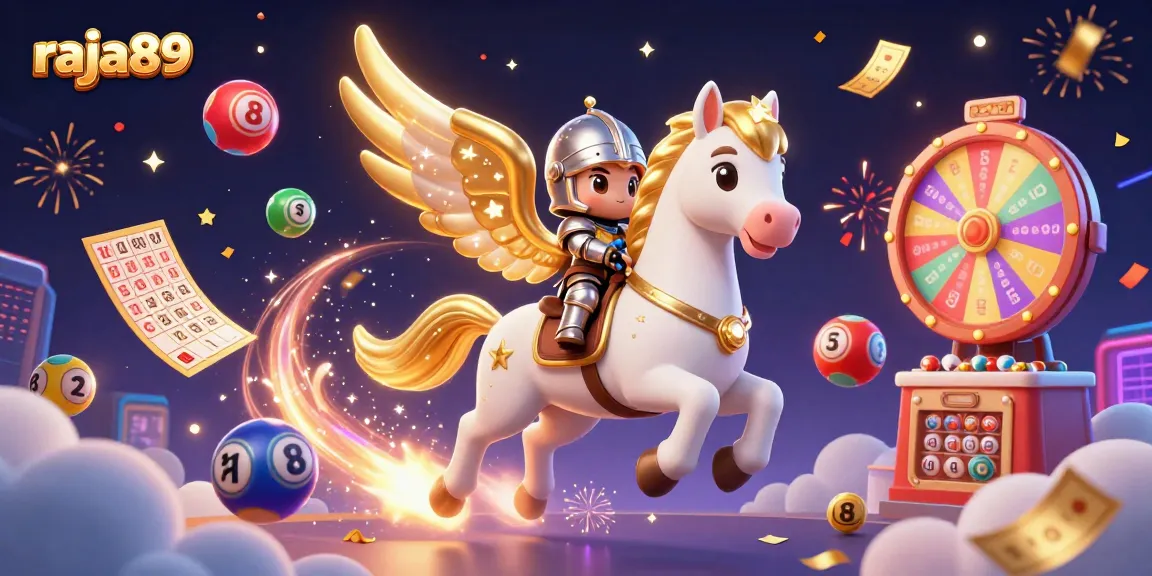 Join the excitement of raja89 with vibrant lottery balls and prize elements in a fantastical casino scene.