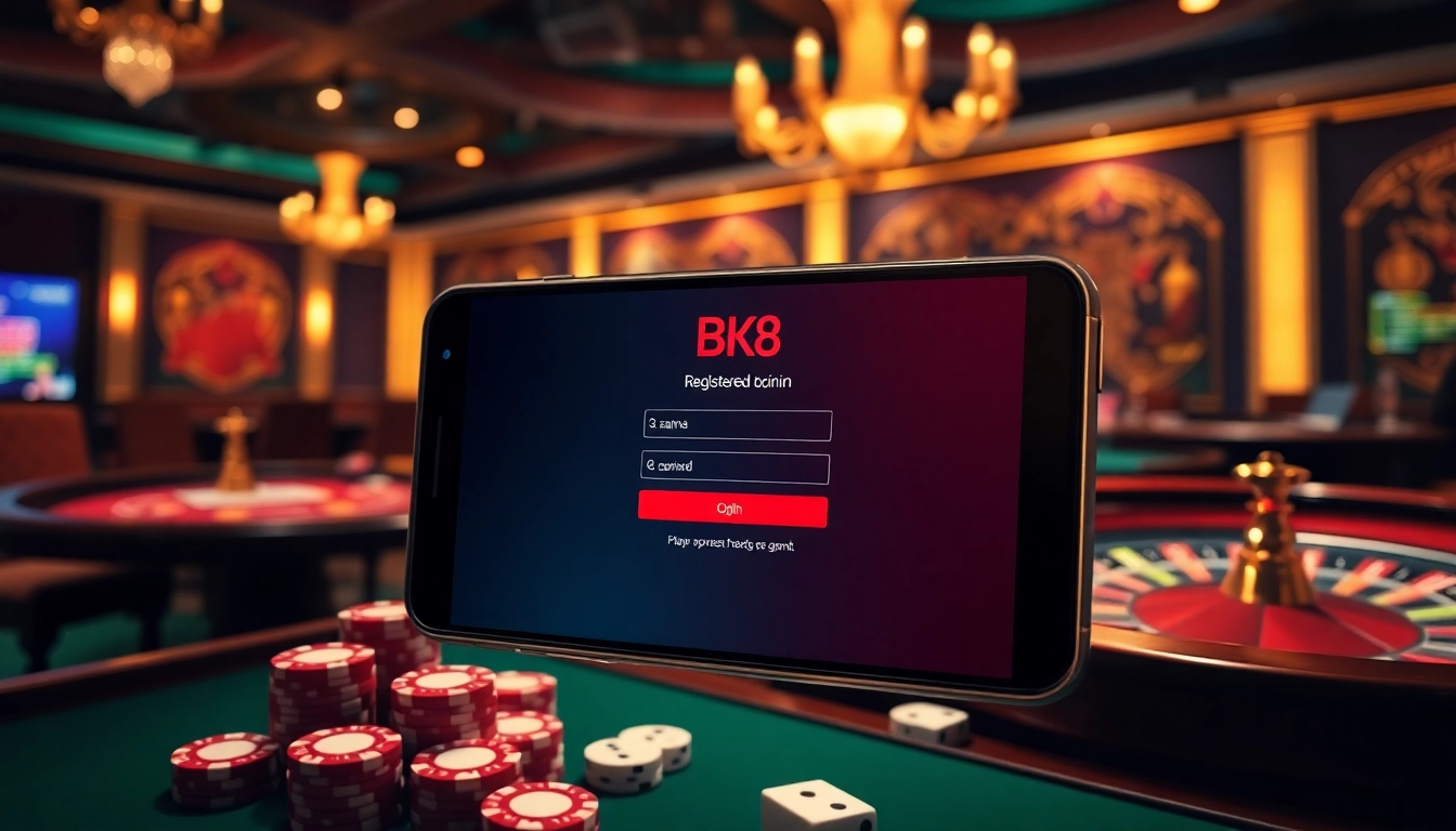 Engaging BK8 đăng nhập experience with dynamic casino elements like poker chips and roulette.