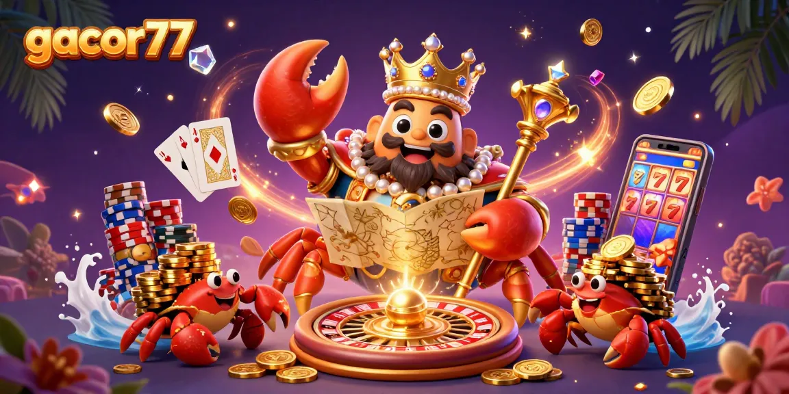 Menggoda pemain dengan karakter gacor77, kepiting emas megah dan harta karun dalam ilustrasi kasino 3D