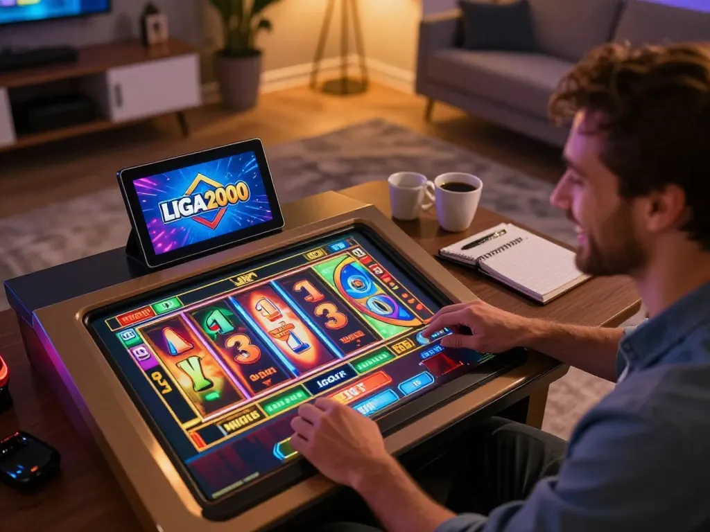 LIGA2000 player celebrating while spinning the reels on an engaging online slot machine interface.