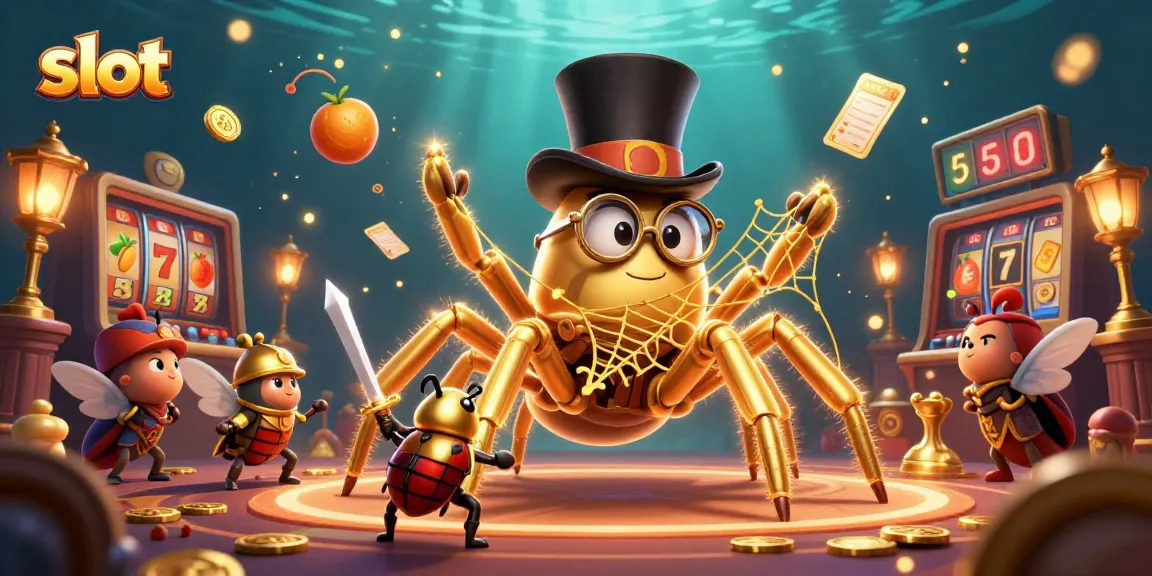 Experience thrilling slot action with a 3D golden tarantula and beetle knight in a lively casino scene.
