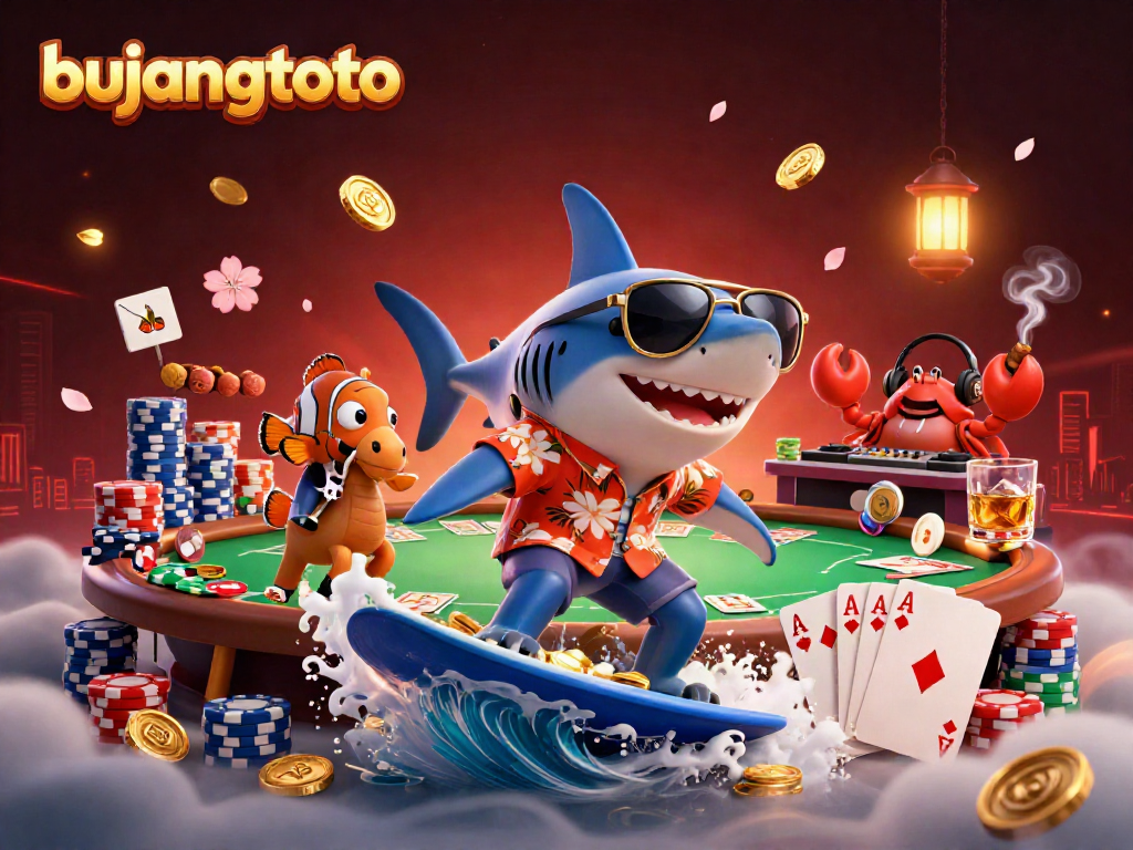 Exhilarate with bujangtoto, featuring a hammer-head shark and vibrant casino elements!