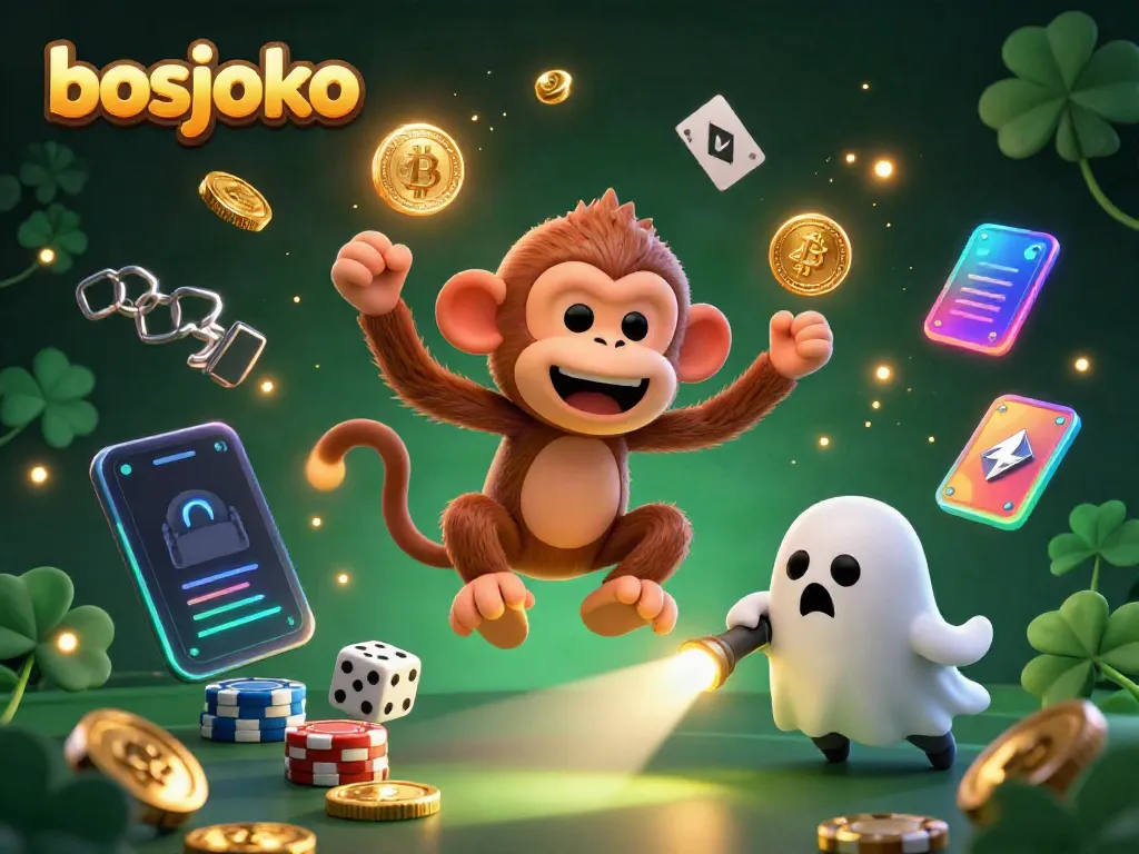 Experience the thrill of bosjoko as a playful ghostly monkey juggles cryptos in a vivid casino scene.