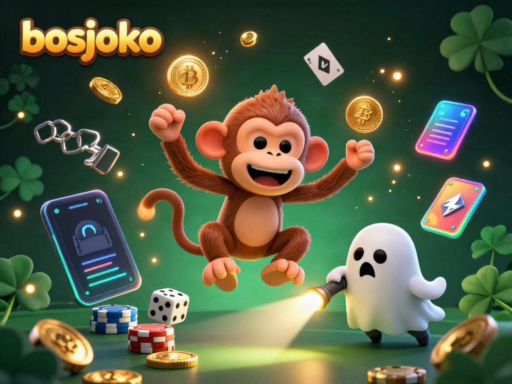 Experience the thrill of bosjoko as a playful ghostly monkey juggles cryptos in a vivid casino scene.